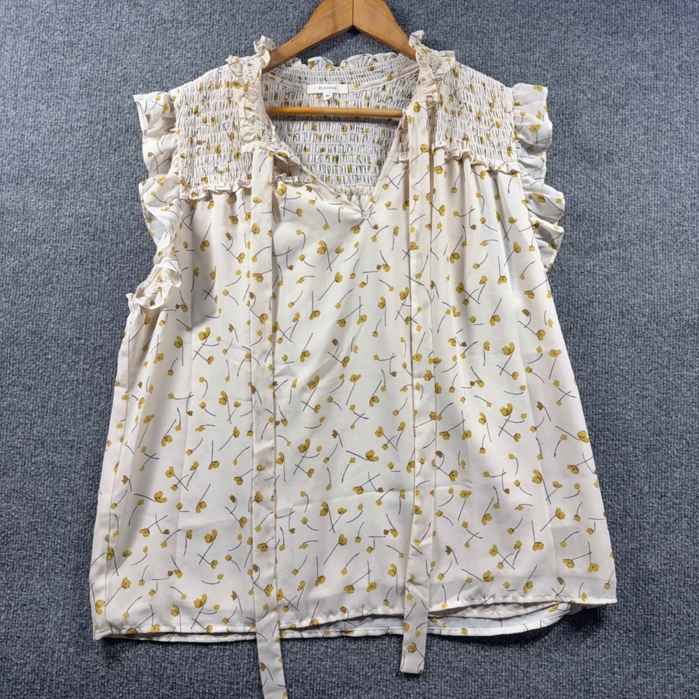 Pleione Top Women Large Blouse Floral Smocked Ruffle Tie Neck Cream Yellow